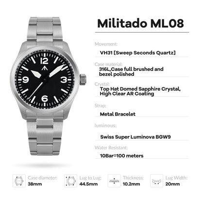 Militado 38mm Military Watch Vintage Field Watch 369 Dial Ml08