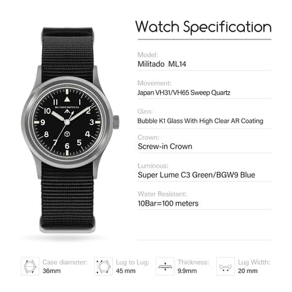 Militado 36mm Retro Military Watch VH31/VH65 Sweeping Hand ML14 V2