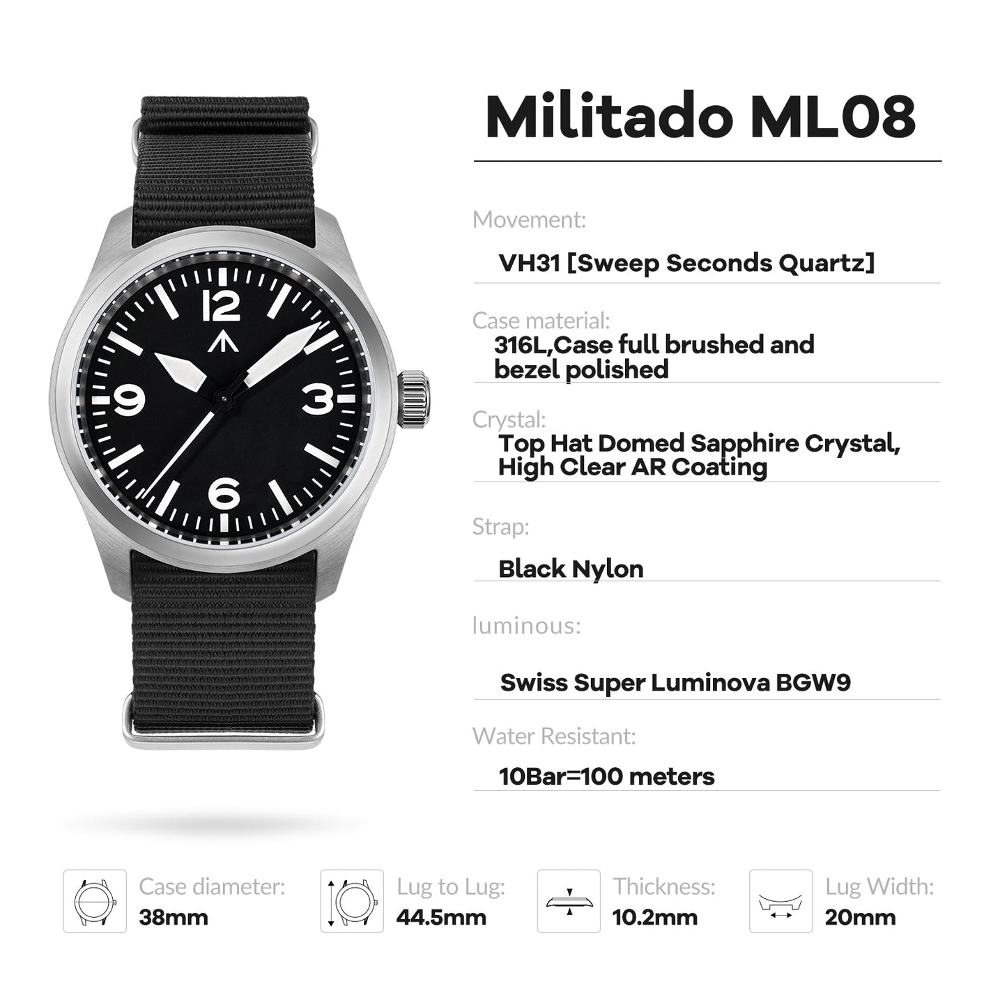 Militado 38mm Military Watch Vintage Field Watch 369 Dial Ml08