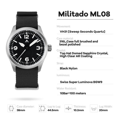 Militado 38mm Military Watch Vintage Field Watch 369 Dial Ml08