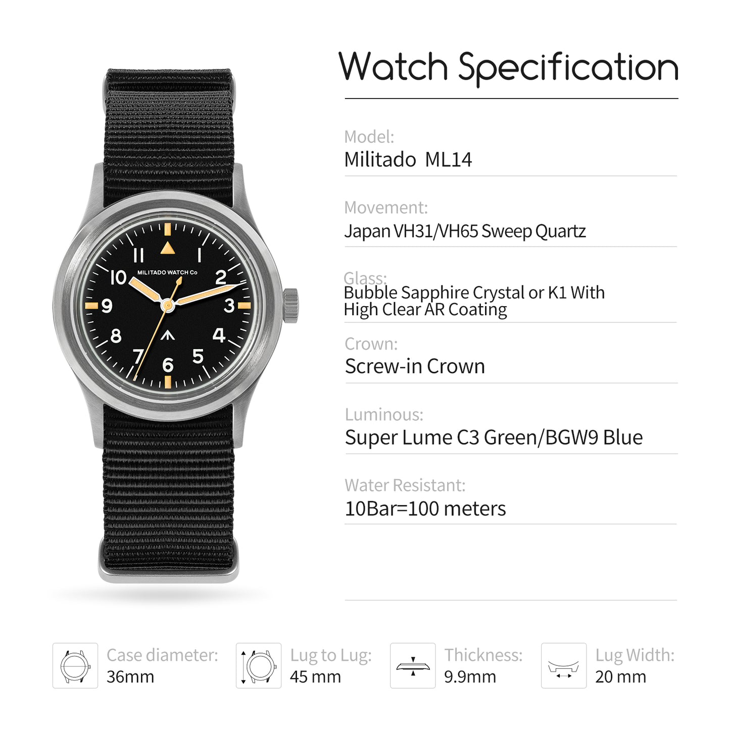 Militado 36mm Retro Military Watch Vh31/Vh65 Sweeping Hand Ml14 V2