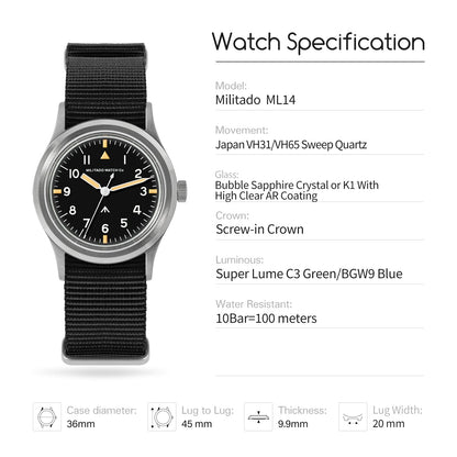 Militado 36mm Retro Military Watch VH31/VH65 Sweeping Hand ML14 V2