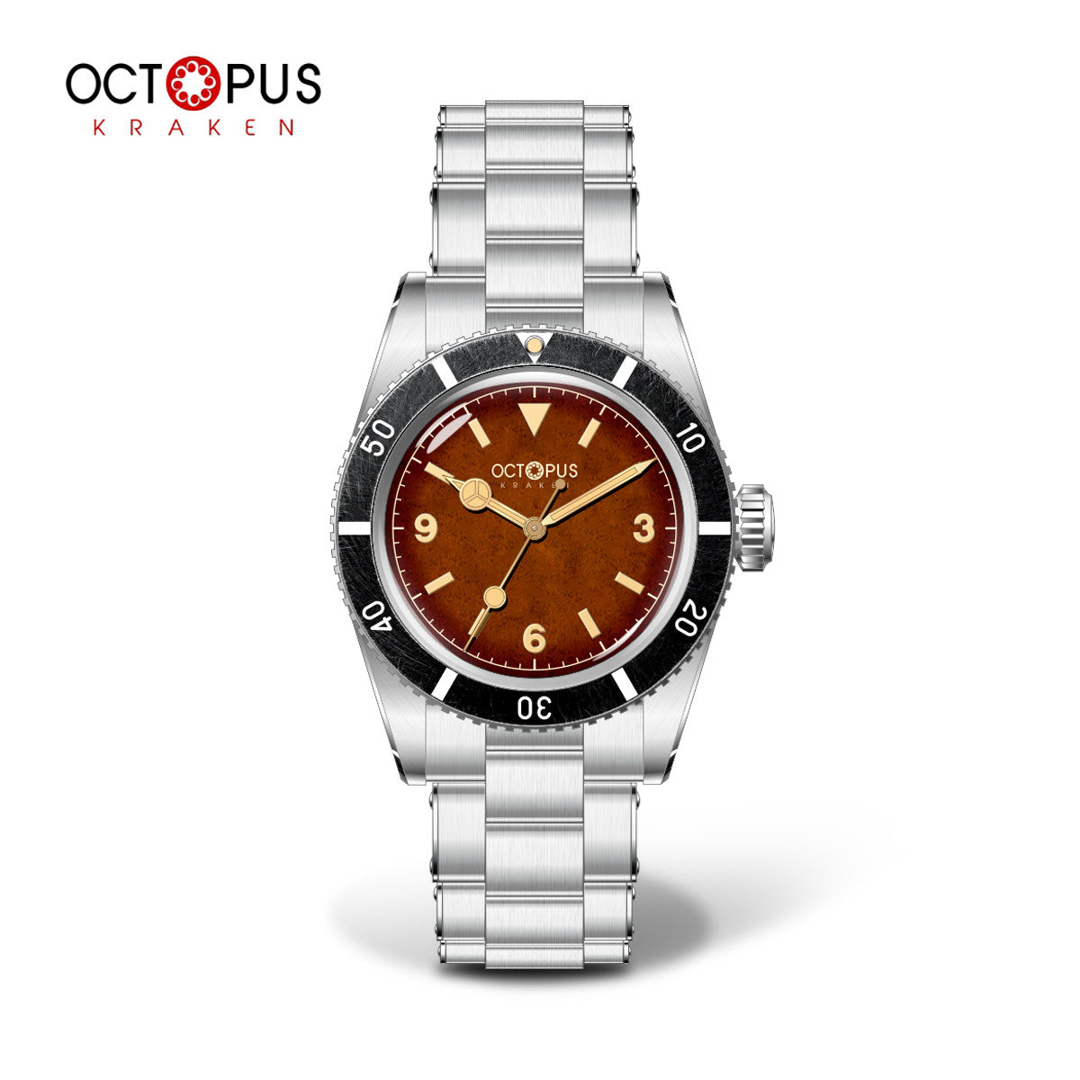 Octopus Kraken OCT-0028 37mm vintage skin diver watch with Benz Hands, tropical brown dial, aged bezel and PT5004 automatic movement