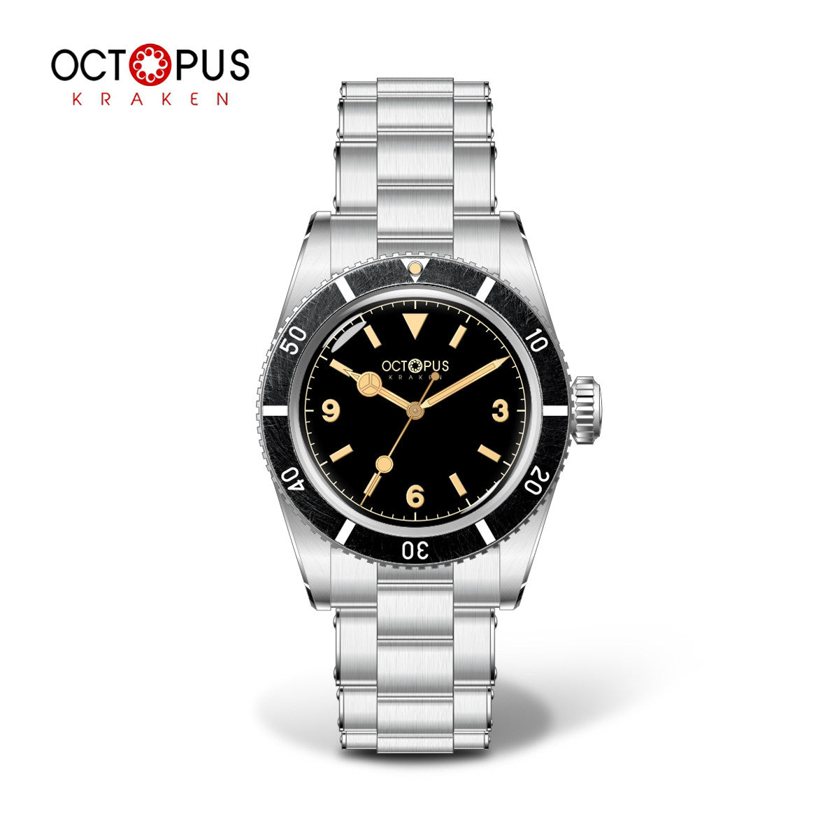 Octopus Kraken OCT-0028 37mm vintage skin diver watch with Benz Hands, black dial, aged bezel and PT5004 automatic movement