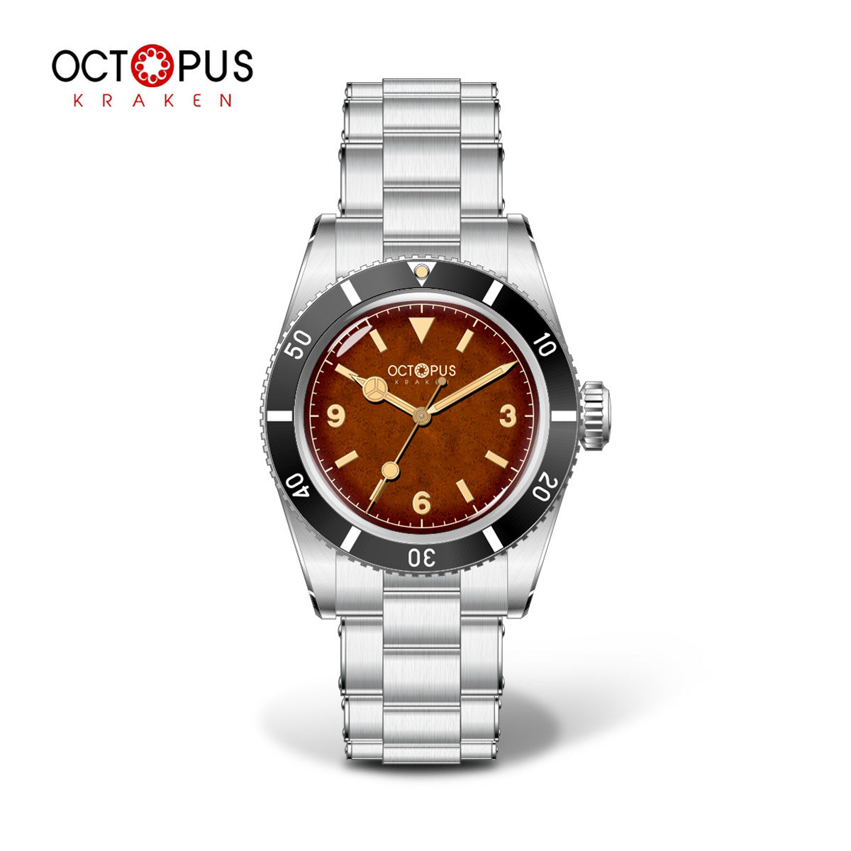 Octopus Kraken OCT-0028 37mm vintage skin diver watch with Benz Hands, tropical brown dial, black bezel and PT5004 automatic movement