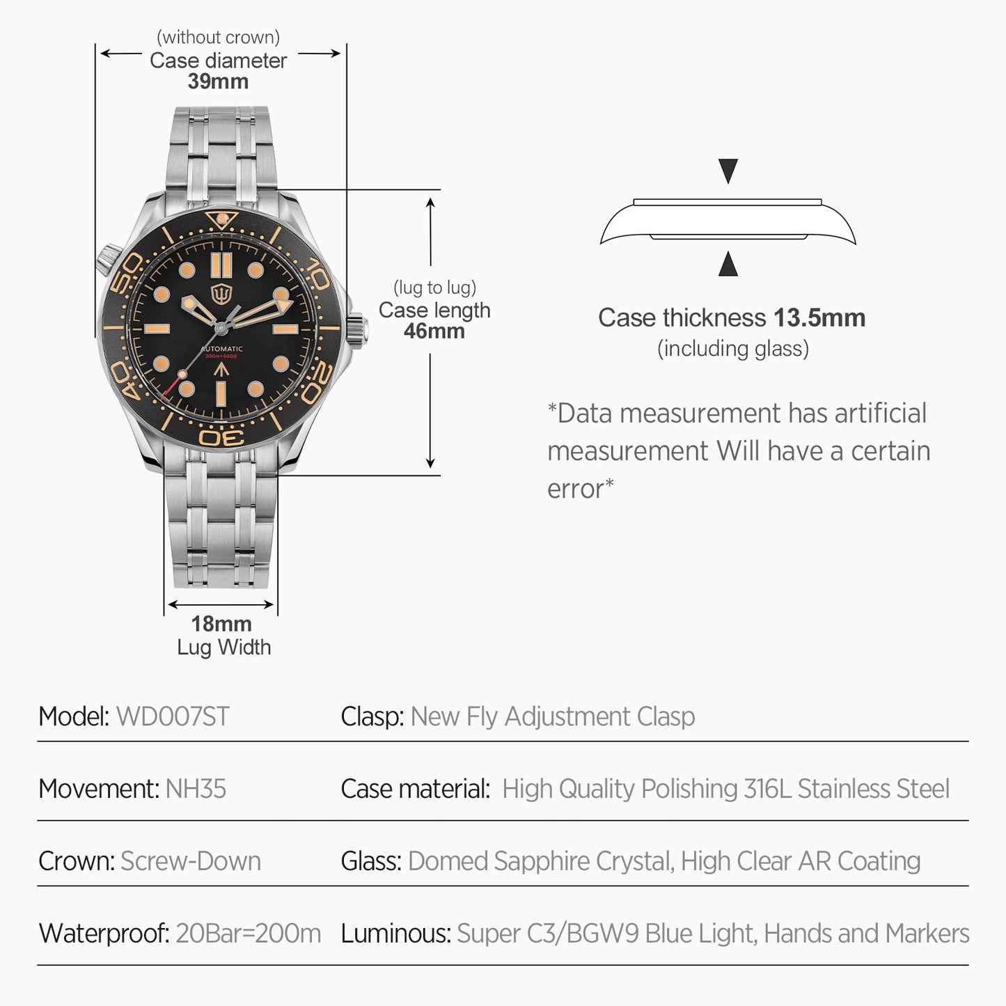 Watchdives WD007ST 39mm NTTD Dive Watch