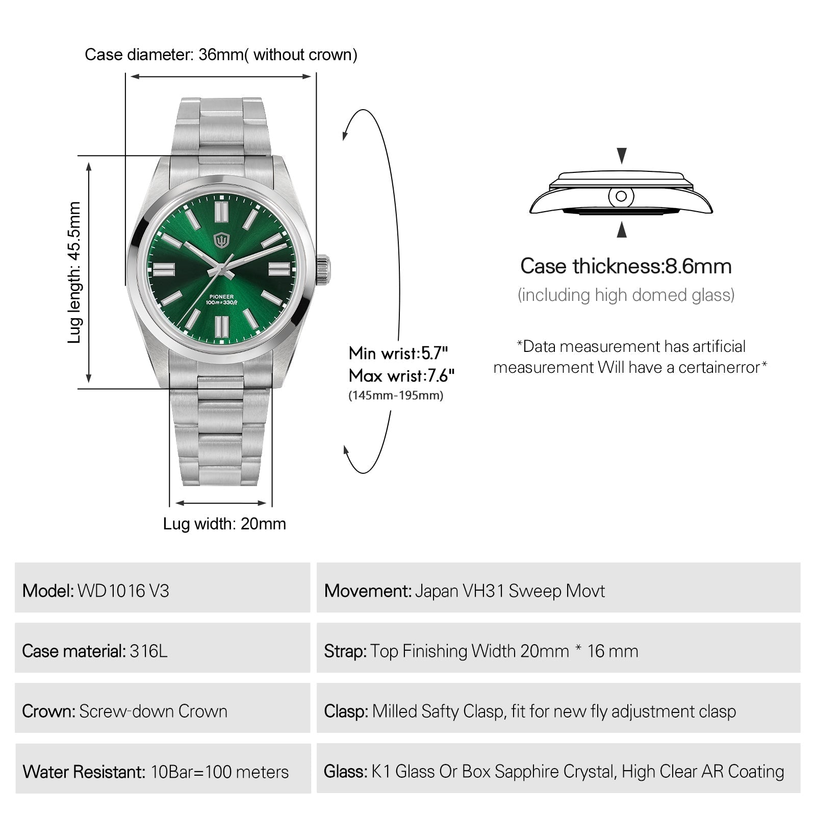 Watchdives WD1016B 37mm Pioneer VH31 Men Watch – Thorn Watch