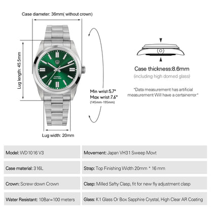 Watchdives WD1016B 37mm Pioneer VH31 Men Watch