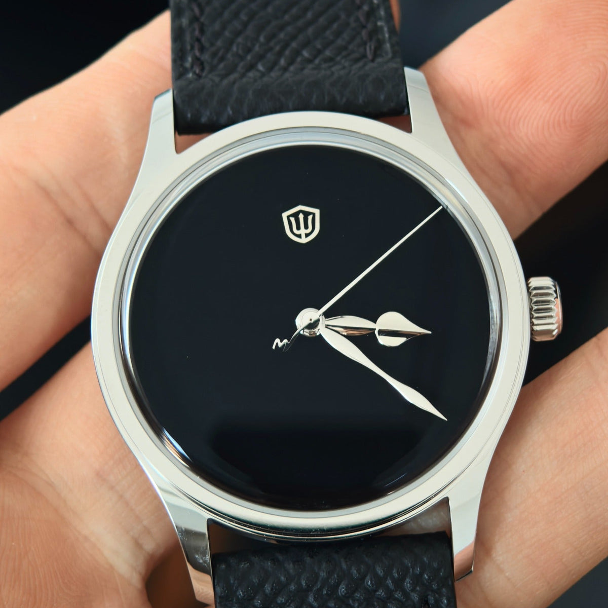Watchdives WD2008B Musou Black front view on black leather strap