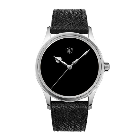 Watchdives WD2008B Musou Black watch front view with black dial, polished silver hands, and black leather strap on a white background
