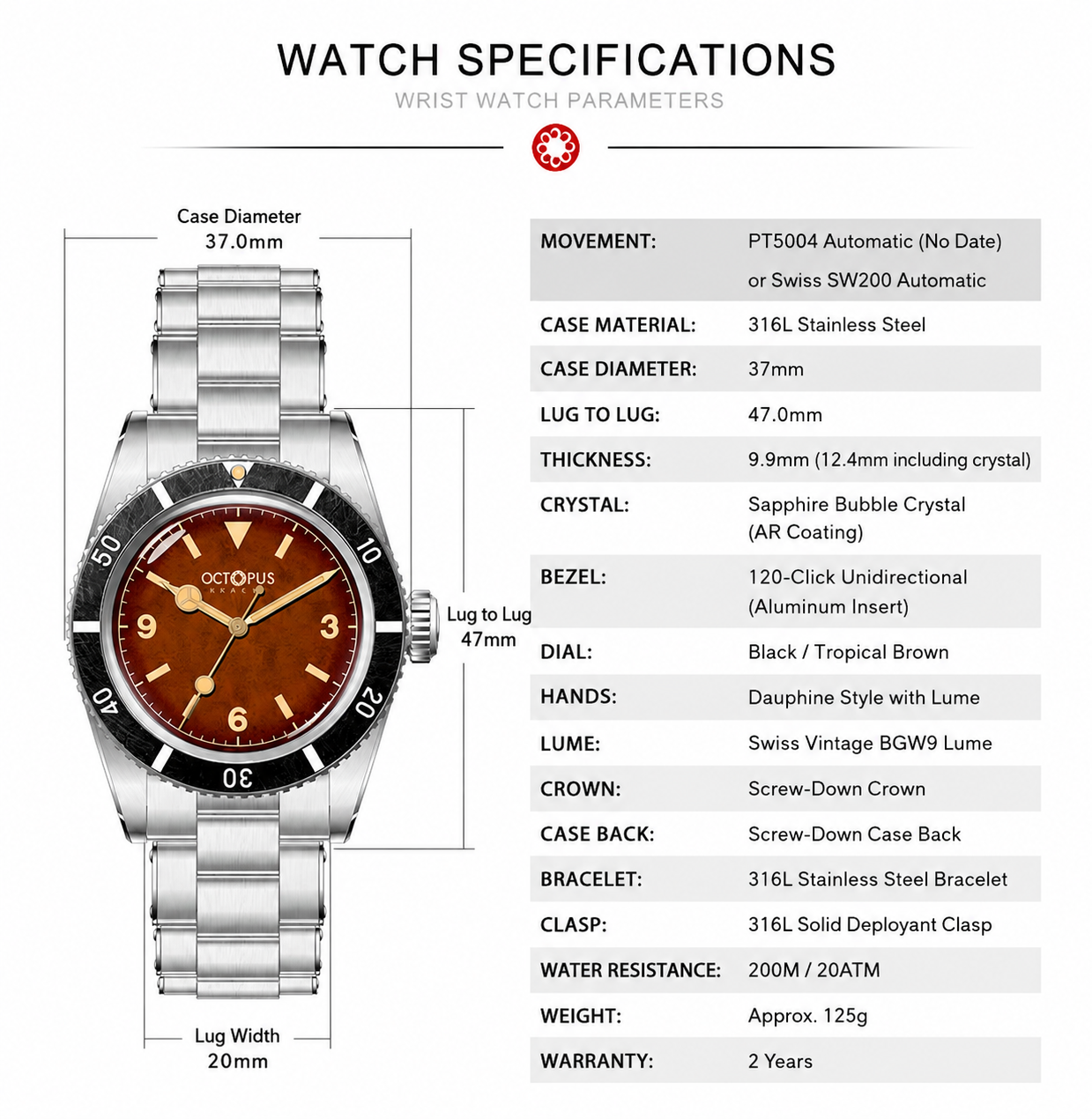 🎈New Arrivals🎈 Octopus Kraken PT5004  37mm Automatic Watch  OCT-0028